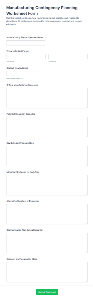 Manufacturing Contingency Planning Worksheet Form Template