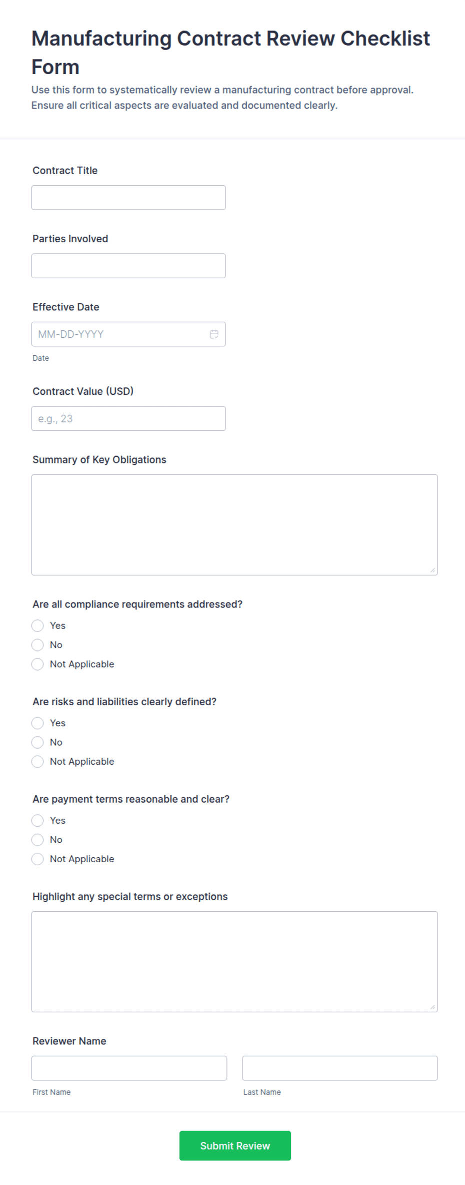 Manufacturing Contract Review Checklist Form Template | Jotform
