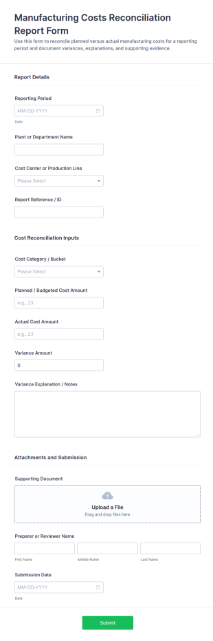 Manufacturing Costs Reconciliation Report Form Template