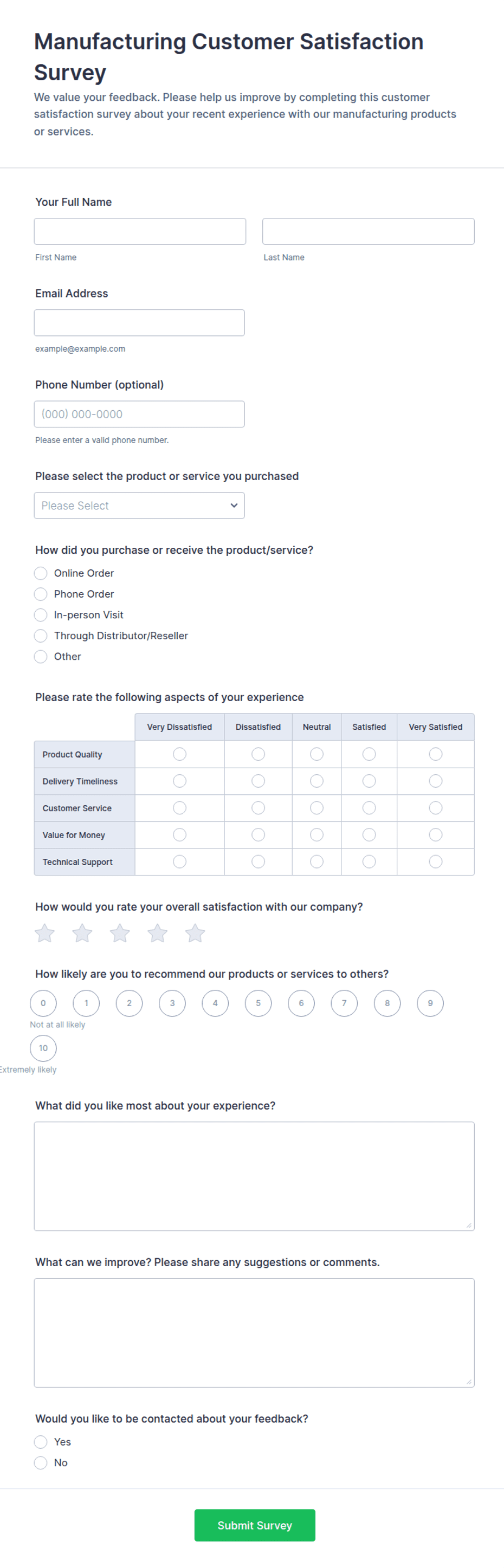 Manufacturing Customer Satisfaction Survey Form Template | Jotform