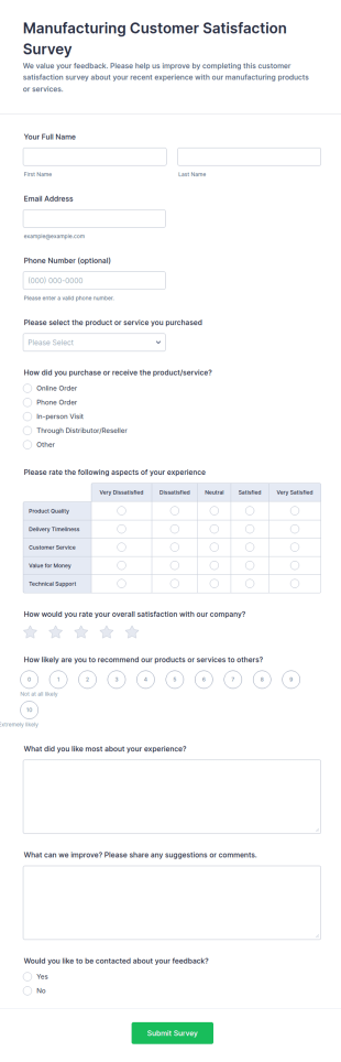 Manufacturing Customer Satisfaction Survey Form Template