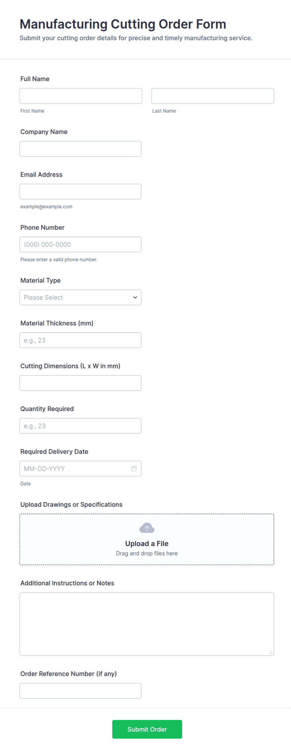 Manufacturing Cutting Order Form Template | Jotform