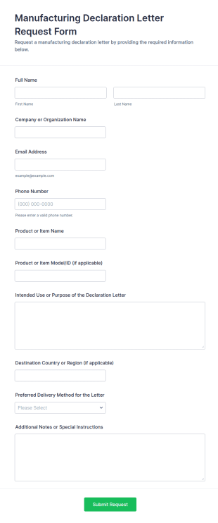Manufacturing Declaration Letter Request Form Template