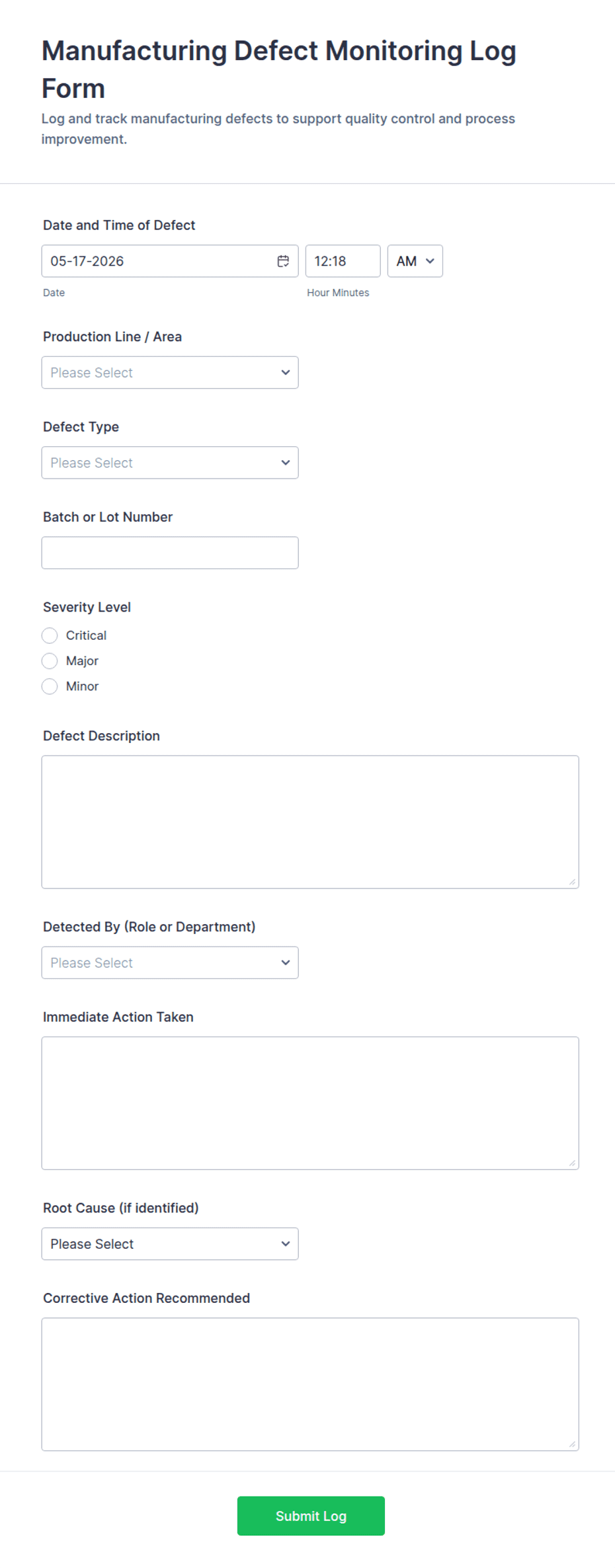 Manufacturing Defect Monitoring Log Form Template | Jotform