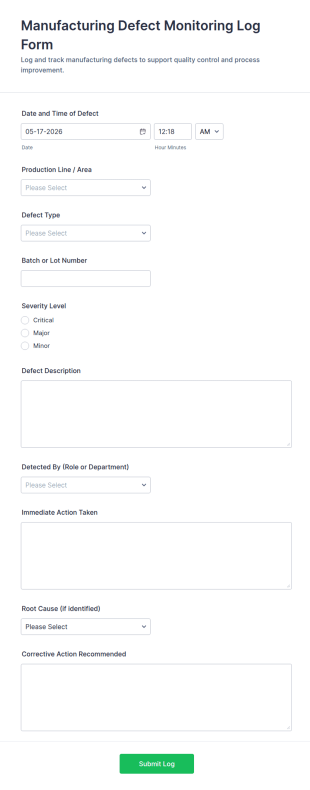 Manufacturing Defect Monitoring Log Form Template