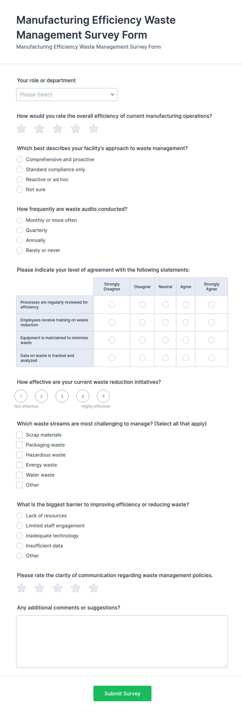 Manufacturing Efficiency Waste Management Survey Form Template | Jotform