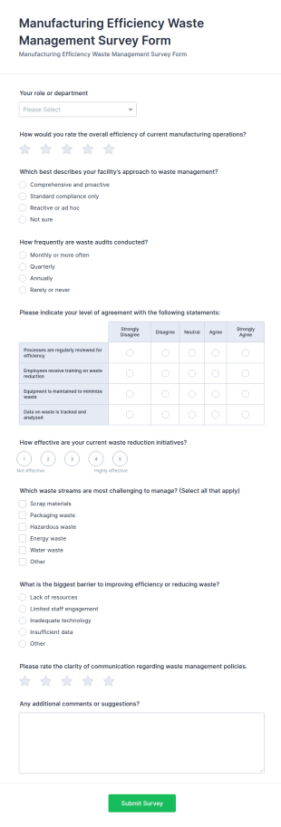 Manufacturing Efficiency Waste Management Survey Form Template