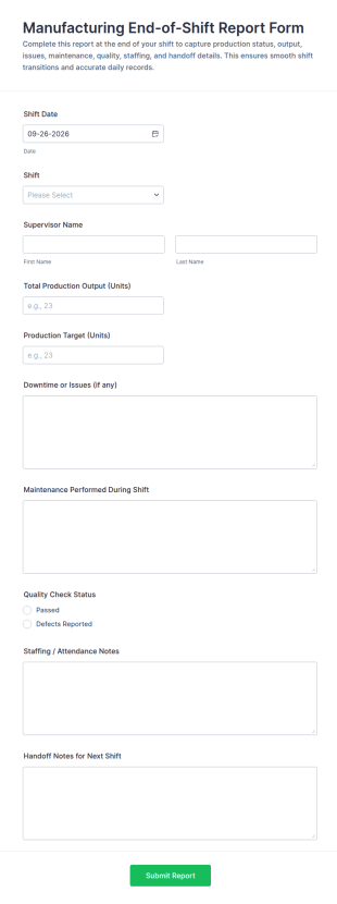 Manufacturing End Of Shift Report Form Template