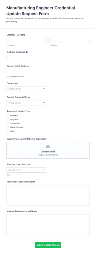 Manufacturing Engineer Credential Update Request Form Template