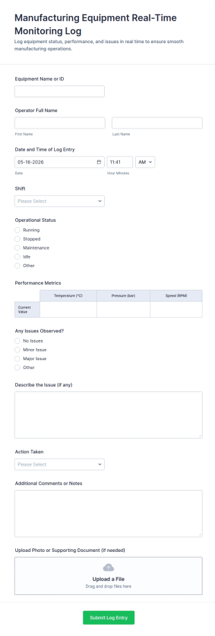 Manufacturing Equipment Real Time Monitoring Log Form Template