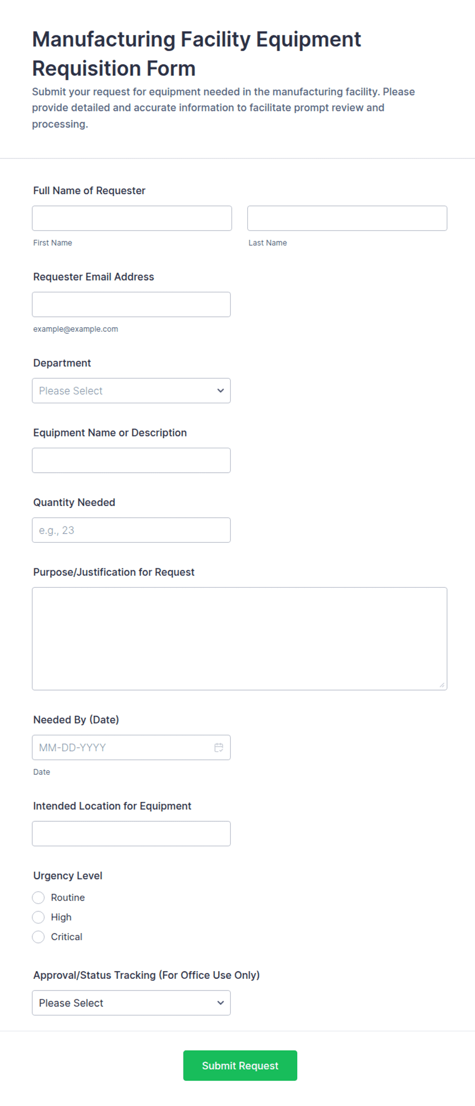 Manufacturing Facility Equipment Requisition Form Template | Jotform