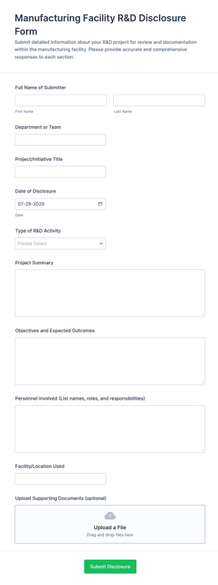 Manufacturing Facility R&D Disclosure Form Template