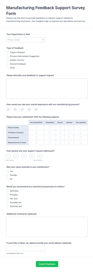 Manufacturing Feedback Support Survey Form Template