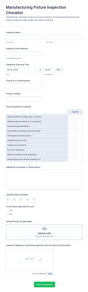 Manufacturing Fixture Inspection Checklist Form Template
