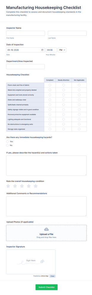 Manufacturing Housekeeping Checklist Form Template