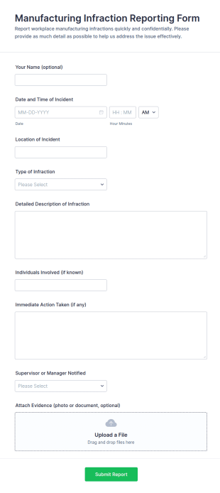 Manufacturing Infraction Reporting Form Template