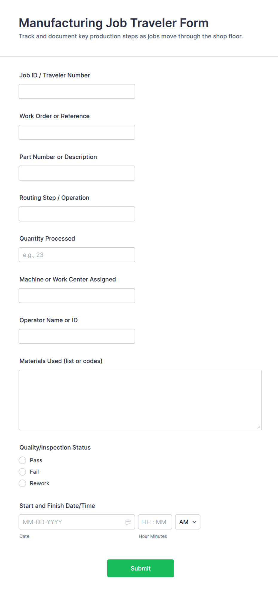 Manufacturing Job Traveler Form Template | Jotform