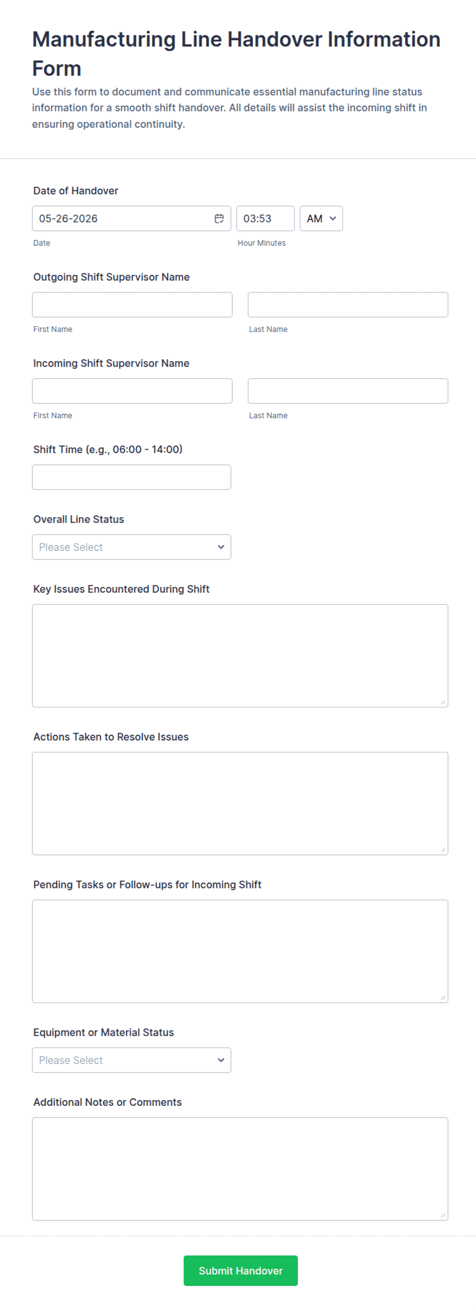Manufacturing Line Handover Information Form Template | Jotform