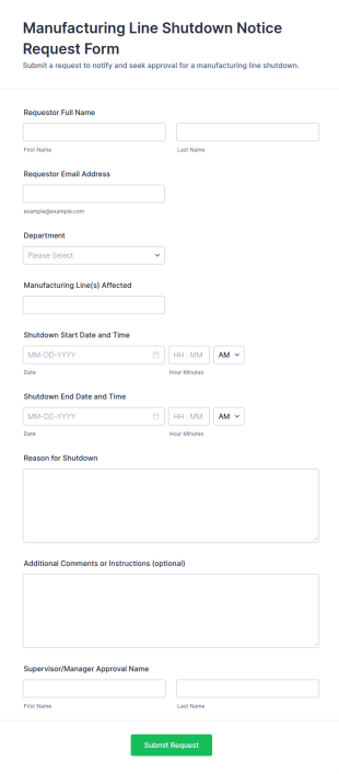 Manufacturing Line Shutdown Notice Request Form Template
