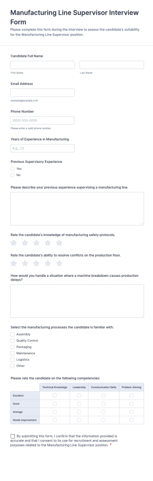 Manufacturing Line Supervisor Interview Form Template