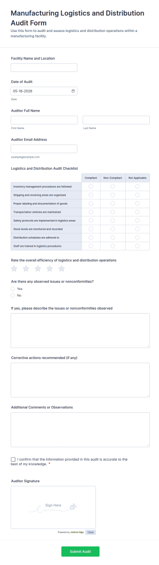Manufacturing Logistics And Distribution Audit Form Template
