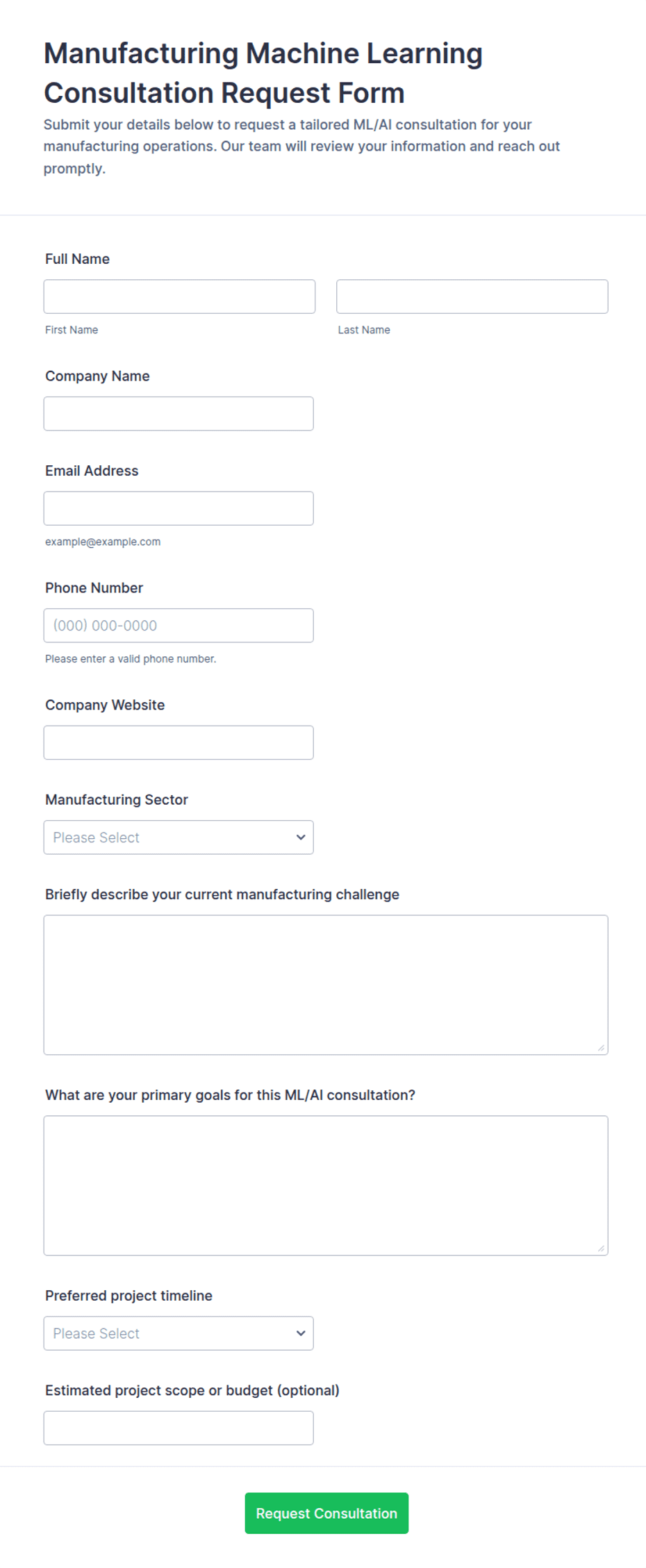 Manufacturing Machine Learning Consultation Request Form Template | Jotform