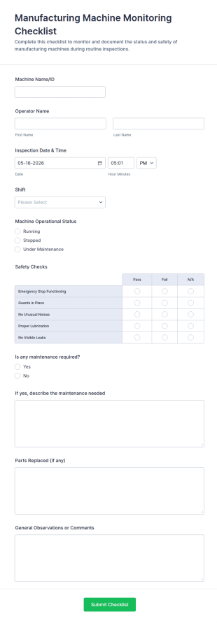 Manufacturing Machine Monitoring Checklist Form Template