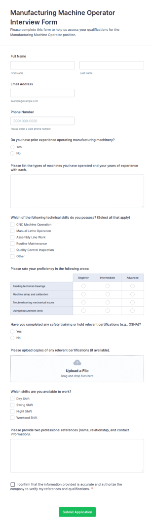 Manufacturing Machine Operator Interview Form Template