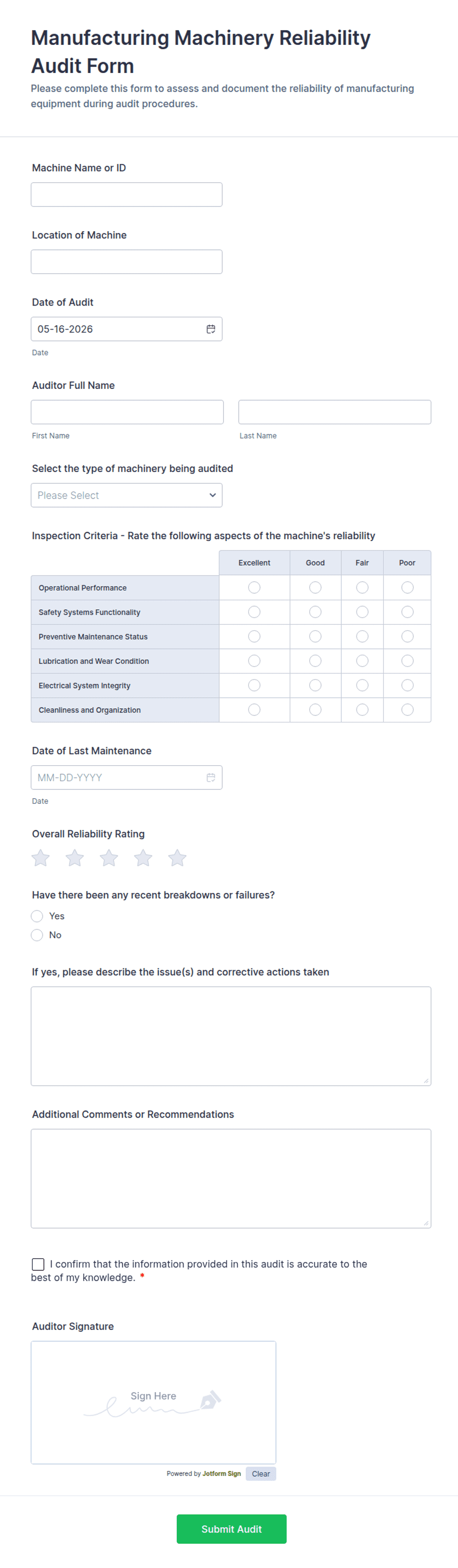 Manufacturing Machinery Reliability Audit Form Template | Jotform