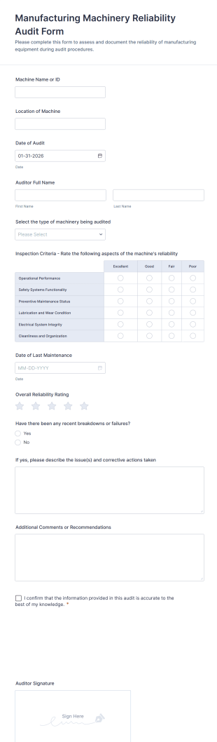 Manufacturing Machinery Reliability Audit Form Template