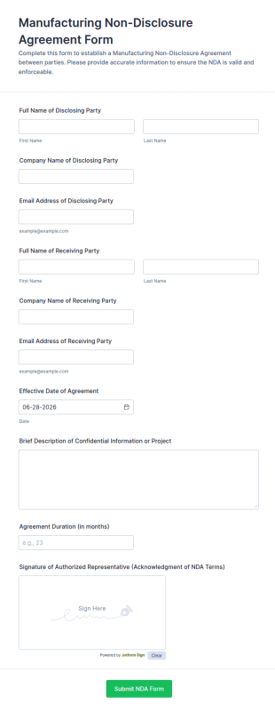 Manufacturing Non Disclosure Agreement Form Template