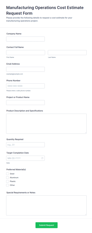 Manufacturing Operations Cost Estimate Request Form Template