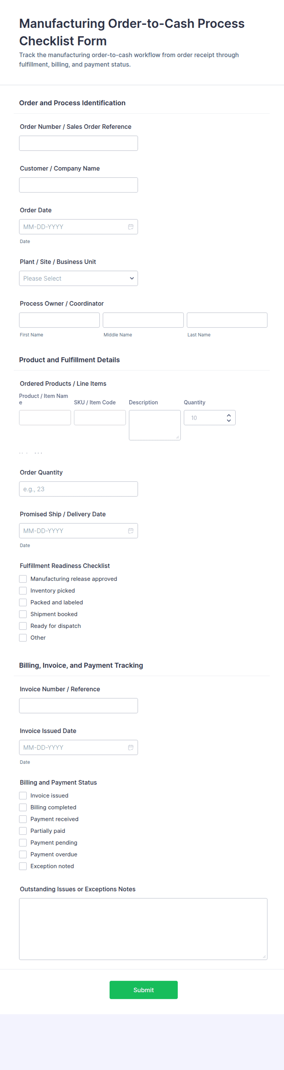 Manufacturing Order-to-Cash Process Checklist Form Template | Jotform