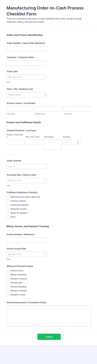 Manufacturing Order To Cash Process Checklist Form Template