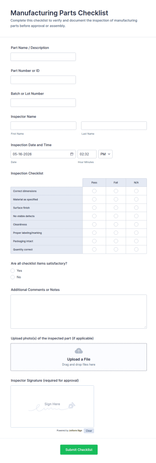 Manufacturing Parts Checklist Form Template