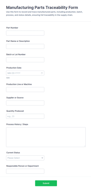 Manufacturing Parts Traceability Form Template