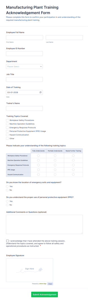 Manufacturing Plant Training Acknowledgement Form Template