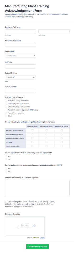 Manufacturing Plant Training Acknowledgement Form Template
