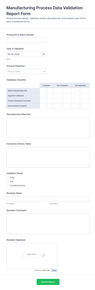 Manufacturing Process Data Validation Report Form Template