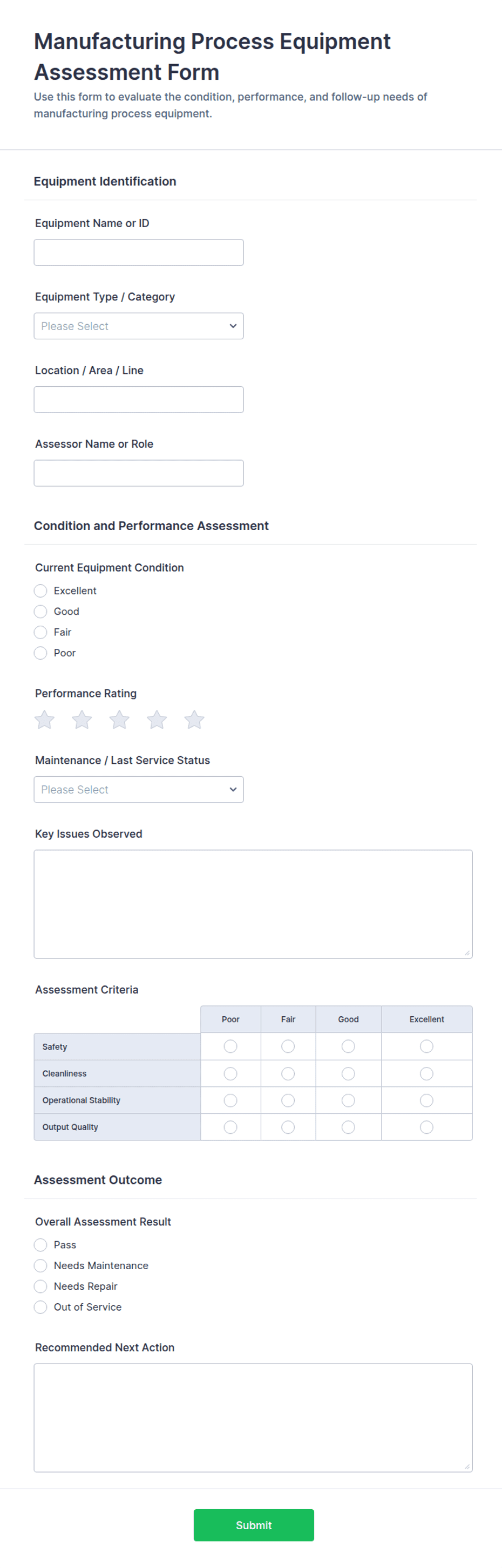 Manufacturing Process Equipment Assessment Form Template | Jotform