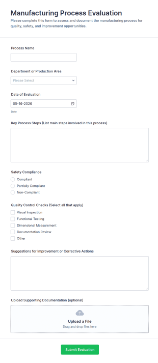 Manufacturing Process Evaluation Form Template