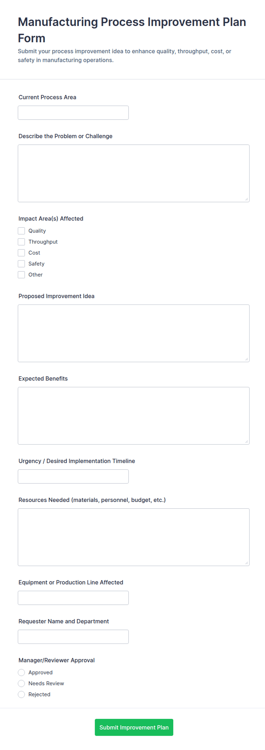 Manufacturing Process Improvement Plan Request Form Template | Jotform