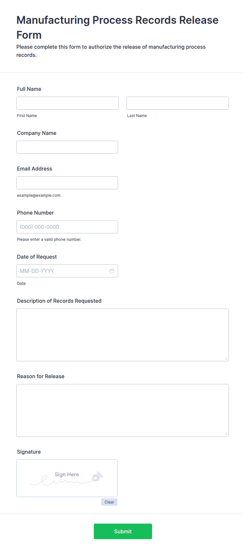 Inprocess Rework Record Form Manufacturing Process Records Release Form Template | Jotform