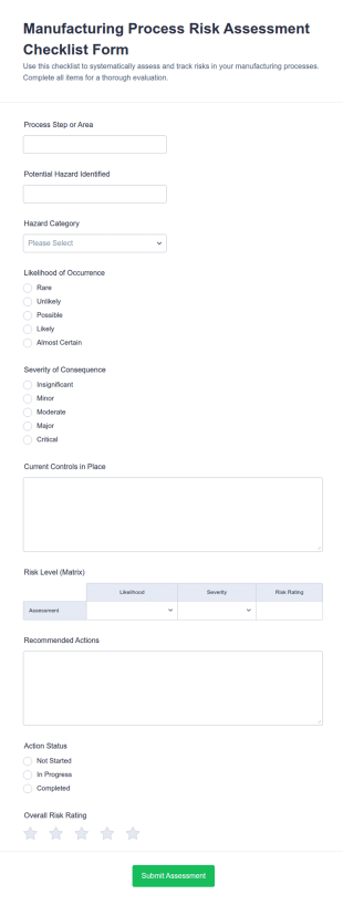 Manufacturing Process Risk Assessment Checklist Form Template