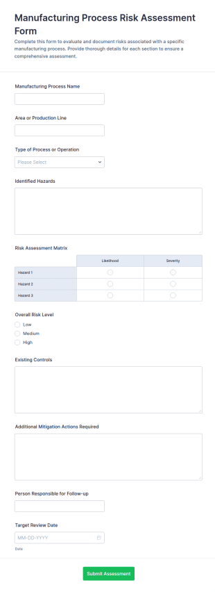 Manufacturing Process Risk Assessment Form Template