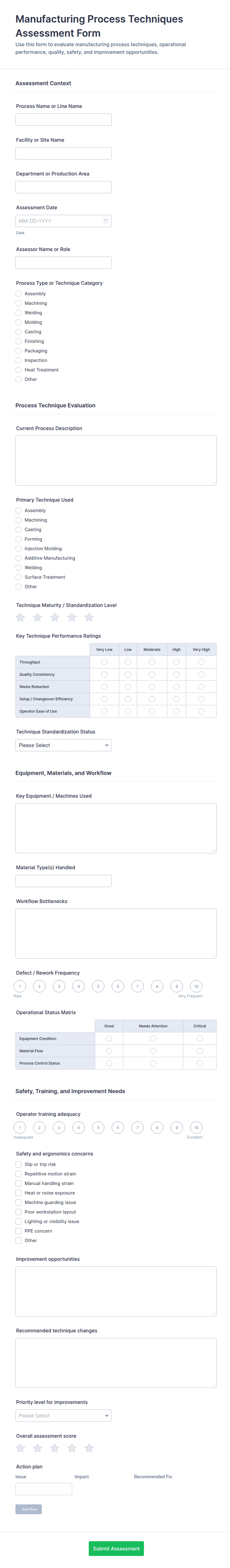 Manufacturing Process Techniques Assessment Form Template | Jotform
