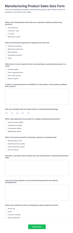 Manufacturing Product Sales Quiz Form Template