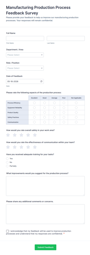 Manufacturing Production Process Feedback Survey Form Template