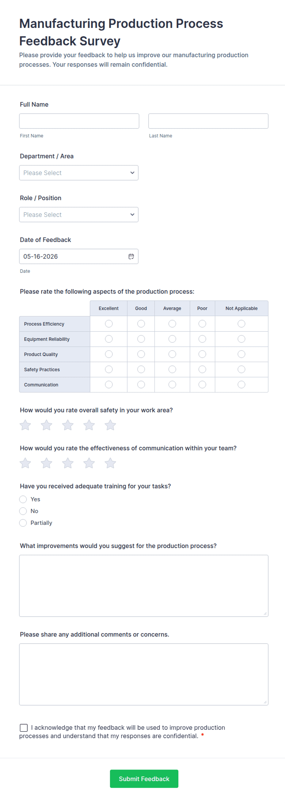 Production Performance Questionnaire Manufacturing Production Process Feedback Survey Form Template | Jotform