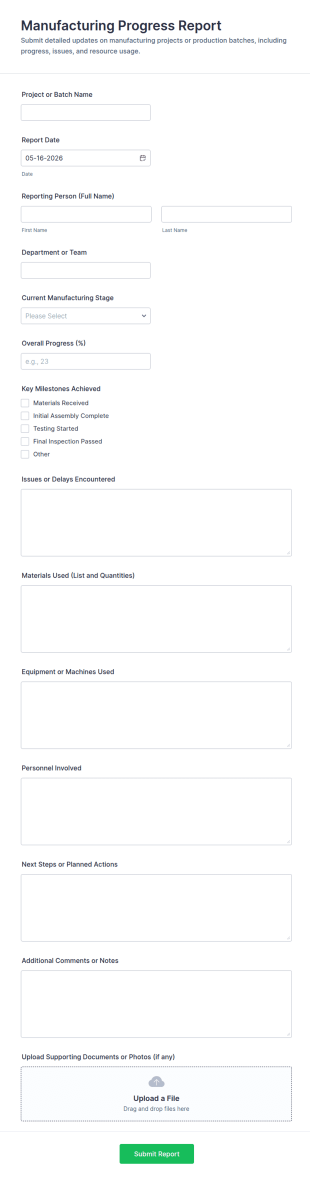 Manufacturing Progress Report Form Template
